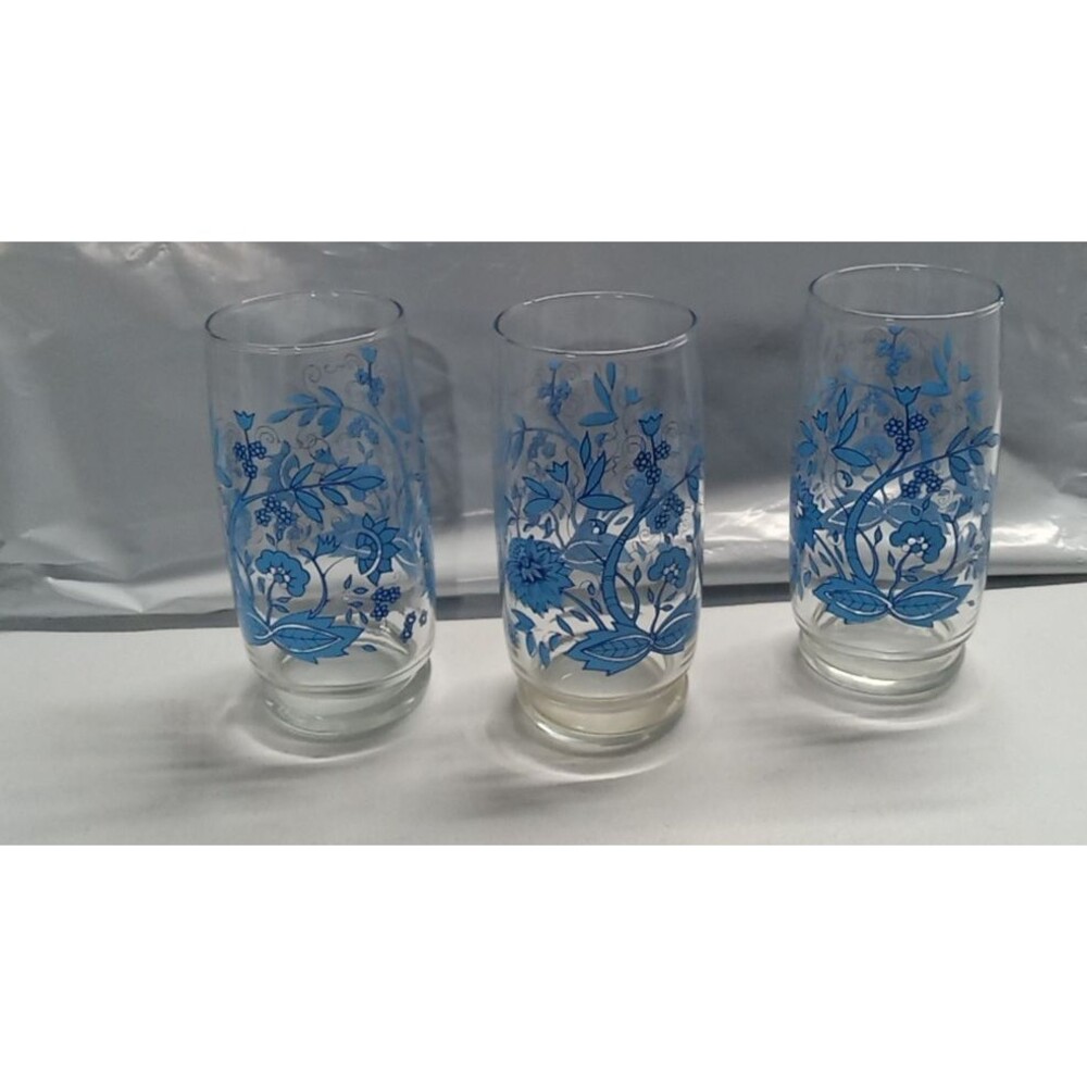 3 MCM Vintage Blue Floral Glasses Tumblers 5 1/4" - Picture 1 of 3